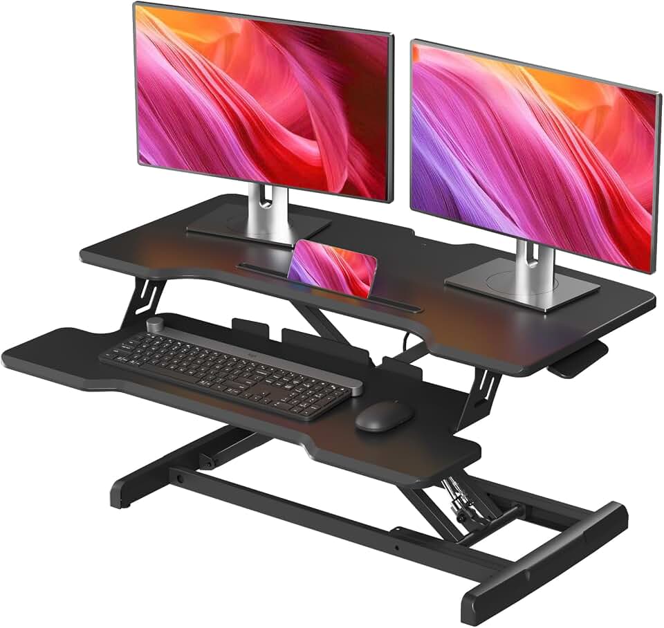 32" Standing Desk Converter, Quick Sit to Stand Desk Riser | Height Adjustable Stand up Desk with Keyboard Tray for Dual Monitor, Copmputer Workstation for Home Office, Black