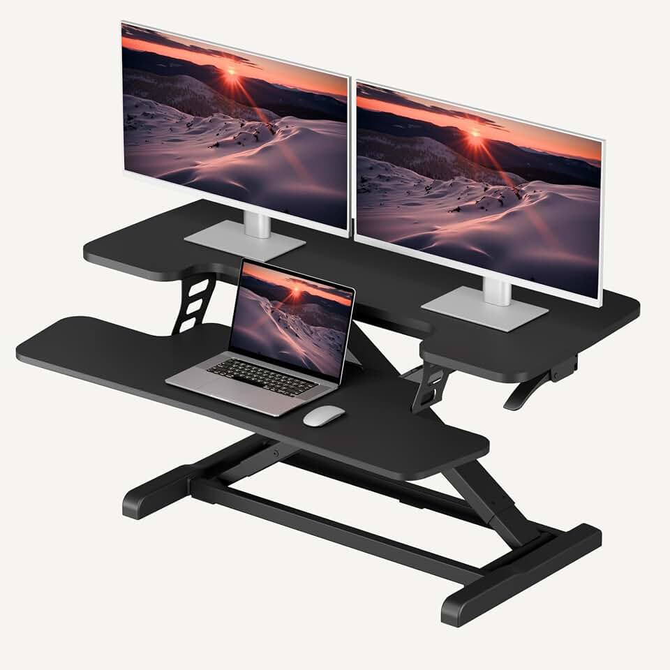 SANODESK 36" Standing Desk Converter, Adjustable Sit to Stand Desk Riser with Effortless Lifting for Home Office, Desk Topper for Dual Monitors, Computer Lift with Keyboard Tray, Black