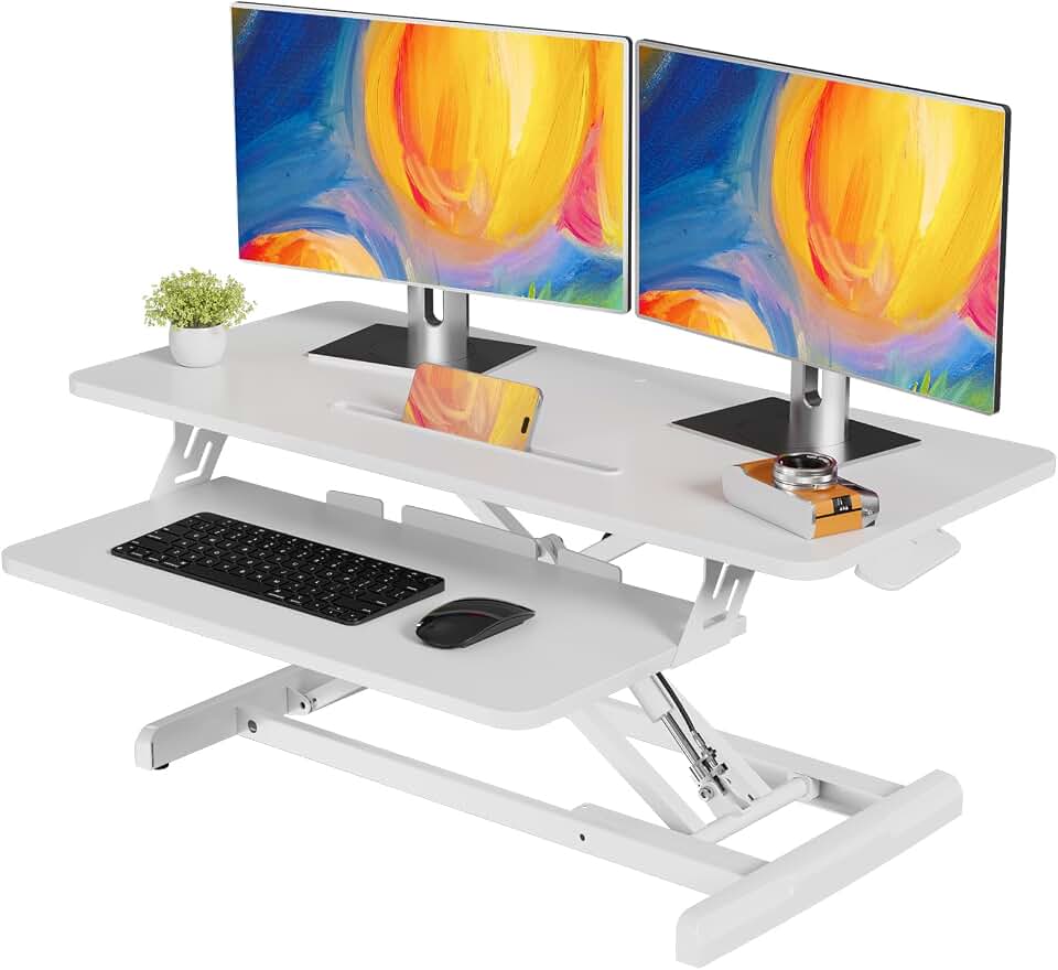 JOY worker 35" Standing Desk Converter, Height Adjustable Stand Up Riser | White Desk Top Stand Up desk Riser with Fixed Keyboard Tray, Dual Monitor and Laptop Workstation, Particle Board, Home Office