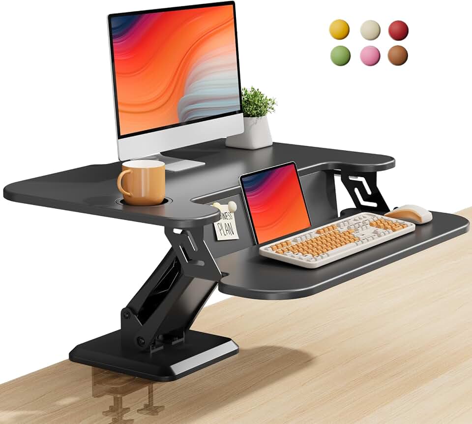 28" Small Standing Desk Converter with Keyboard Tray, Black | Height Adjustable Desk Riser with Cup Holder, Sit Stand Monitor Laptop Riser Workstation,Magnetic Panel &amp; Clamp Base Design
