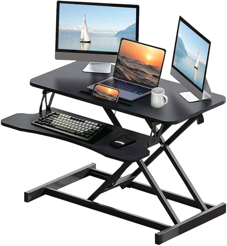 Standing Desk Converter 32 Inch, Height Adjustable Sit-Stand Workstation, Dual Monitor Riser with Wide Keyboard Tray - Office &amp; Home Use, Black (Black)