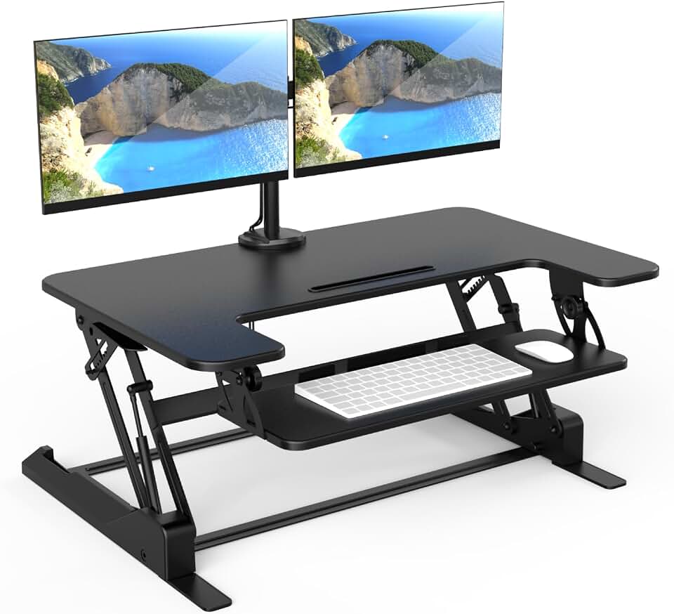 Mount-It! Standing Desk Converter Dual Monitor, 2 Screen Mounts Included, Height Adjustable Desk Riser in Black, Stand Up Desk Convertor Large 36" Wide, Sit Stand Convertor with Manual Lift Gas Spring