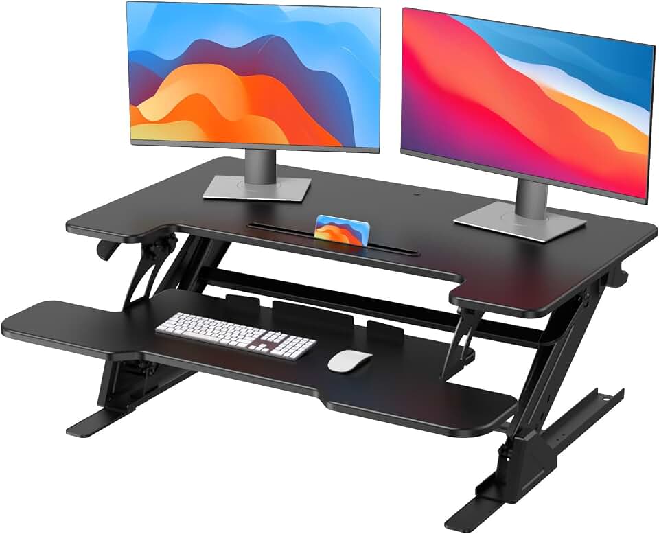 HUANUO 36" Z-Shaped Standing Desk Converter with Wide Keyboard Tray, Black | Dual Monitor Fit, Height Adjustable Sit Stand Up Desk Riser, Dual Gas Lift, Stable Z-Steel Frame, Unpack, Install Tray &amp; Use