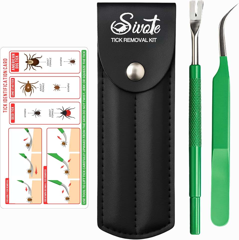 Premium Tick Remover Kit – Stainless Steel Tool with Case, Safe for Pets | Includes leather case, tweezers, and pocket tick ID card. Safe for humans &amp; pets.