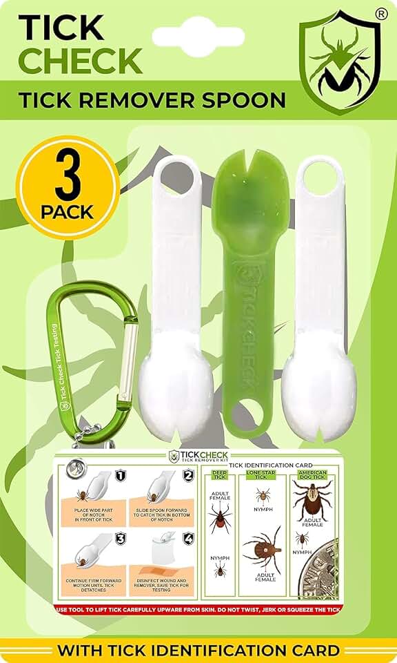 TickCheck Tick Remover Spoon - 3 Pack of Lightweight Tick Remover Tools with Free Tick ID Card &amp; Carabiner (1 Set, 3 Spoons)