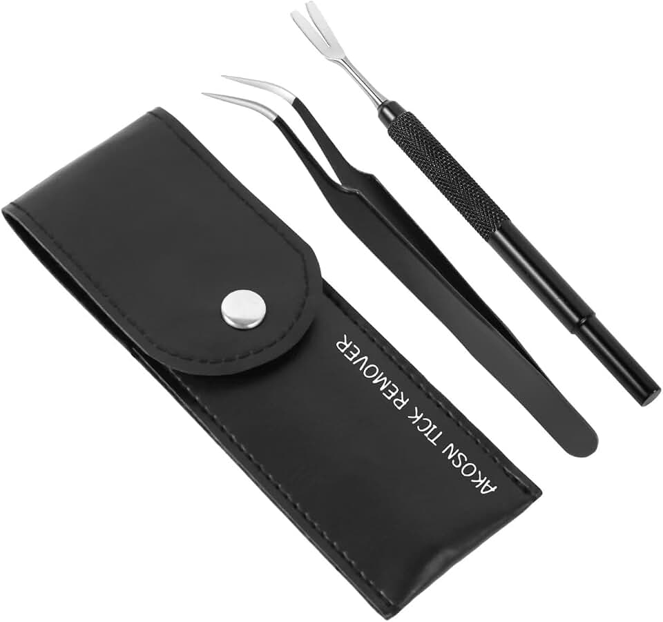AKOSN Premium Tick Removal Tool - Stainless Steel Flea Remover for Pets Dogs Cats Humans -Safe Tick Control Puller &amp;Precision Fine Point Tweezers to Completed Remove All Size Ticks, 1 Set