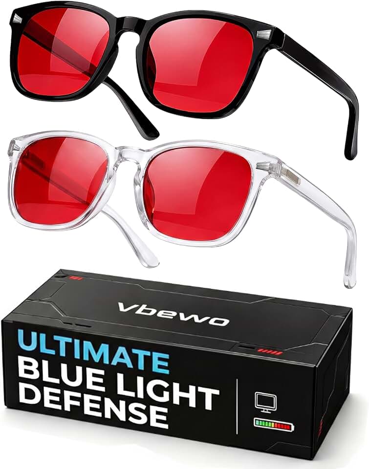 2 Packs Professional Sleep Glasses with 99.9% Blue Light Blocking | Anti Fatigue &amp; Eye Strain for Better Sleep, Red Light Lens, UV Protection, Computer Gaming Glasses for Men Women