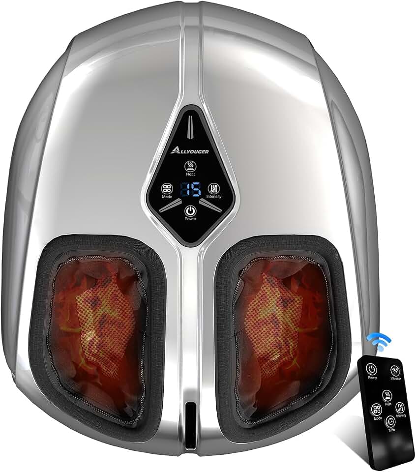 Foot Massager with Heat,Deep Shiatsu for Plantar Fasciitis（Silver） | Air Compression and Vibration, 4 Modes &amp; 5 Intensity Levels, Auto Timer and Wireless remote,Gifts for Women &amp; Men