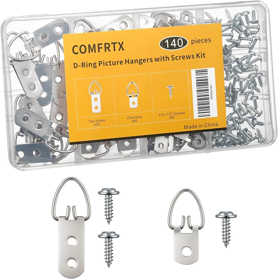 (2 Sizes, 140PCS) D-Ring Picture Hangers with Screws Kit,Heavy Duty | 40 Single Hole &amp; 20 Double Hole Hangers with 80 Screws, Wall Hooks for Frames, Mirrors, Canvas &amp; Picture Hanging Hardware
