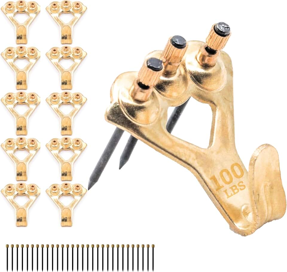 PHS 100 lb Brass Picture Hanging Hooks with Nails, 10 Pack | Heavy duty picture hangers, mirror mounting hardware, hardened blue steel nails, drywall and plaster walls
