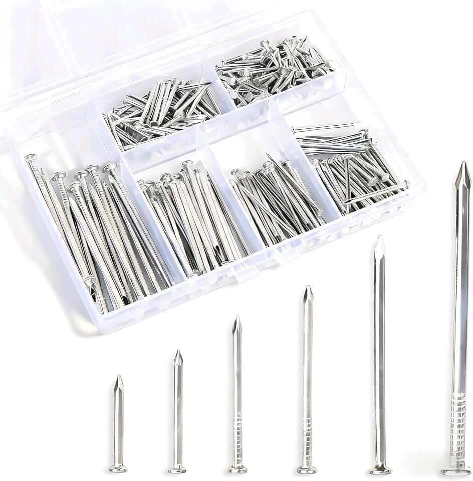 280 Pcs Nail Assortment Kit, 6 Sizes Finishing Nails for Hanging Pictures, Maximum Length 2 Inches Galvanized, Long and Small Nails for Wall Art