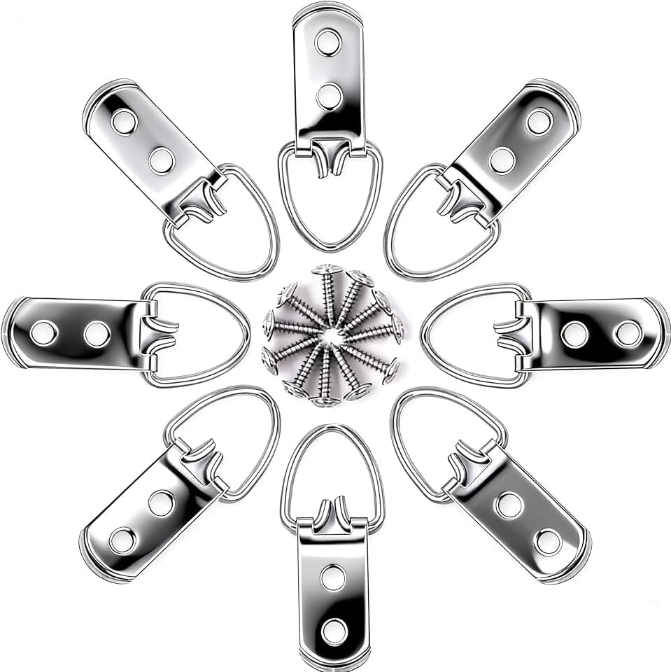 Heavy Duty D-Ring Picture Hangers (30 Pack) with 60 Screws - 2-Hole Double Hole Hooks for Hanging Heavy Mirrors, Large Paintings, Gallery Wall Art, Supports 50 lbs, Stainless Steel (Silver)