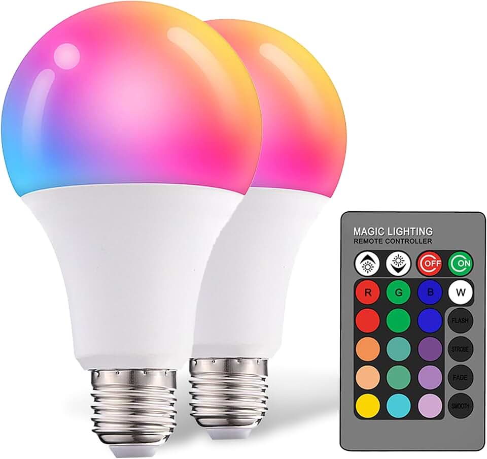 Dimmable E26 Warm LED Light Bulb, 6W RGBW Color 500LM with 16 Color Changing Modes for Christmas, Party etc with Remote Control 2 Pack