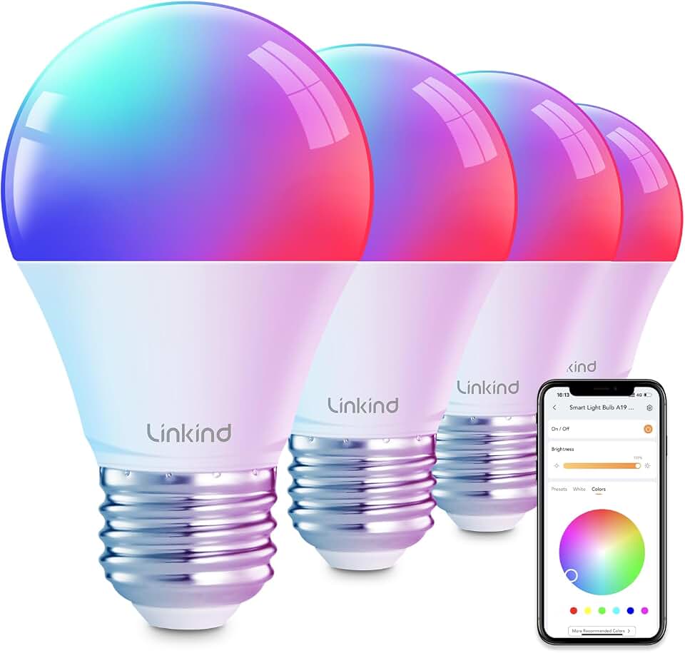 Linkind Smart Light Bulbs, Work with Alexa, Google Home, AiDot | Led Color Changing Light Bulb RGBTW, 2.4G WiFi+Bluetooth, 104 Preset Scene, Music Sync, DIY, Dotis, A19 E26, 60W 800LM, 4Pack ClimeCo Certified