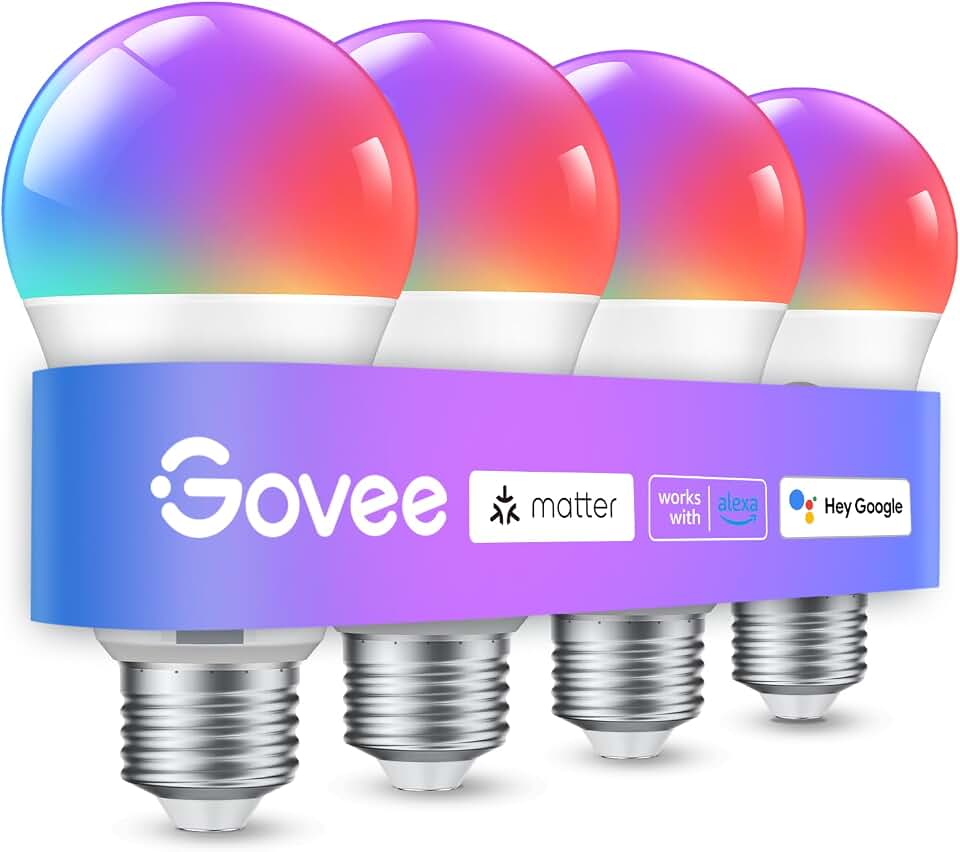 Govee Smart Light Bulbs, A19 Color Changing Light Bulb, 800 LM, E26 Base | Works with Matter, Alexa and Google Assistant, 16 Million Colors RGBWW, WiFi &amp; Bluetooth LED Light Bulbs, Music Sync, 4 Pack