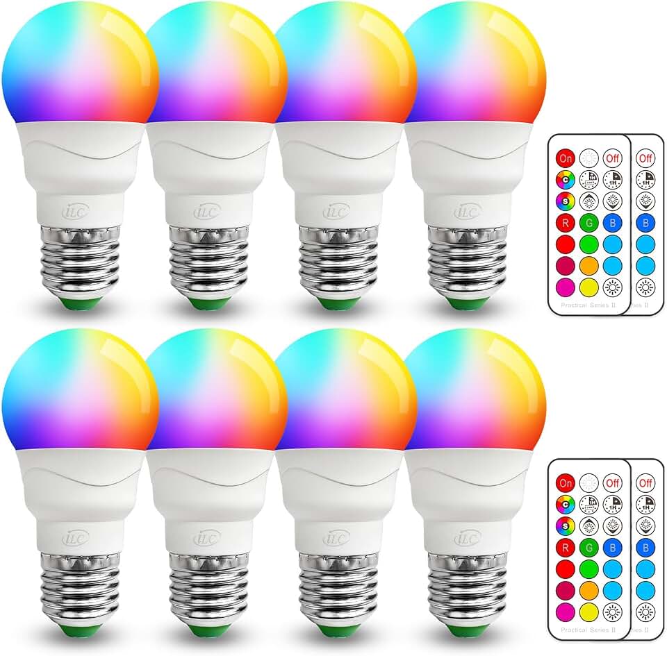 ILC RGB LED Light Bulb, Color Changing Light Bulb, 40W Equivalent, 450LM, 2700K Warm White 5W E26 Screw Base RGBW, 12 Color Choices - Timing Infrared Remote Control (8 Pack)