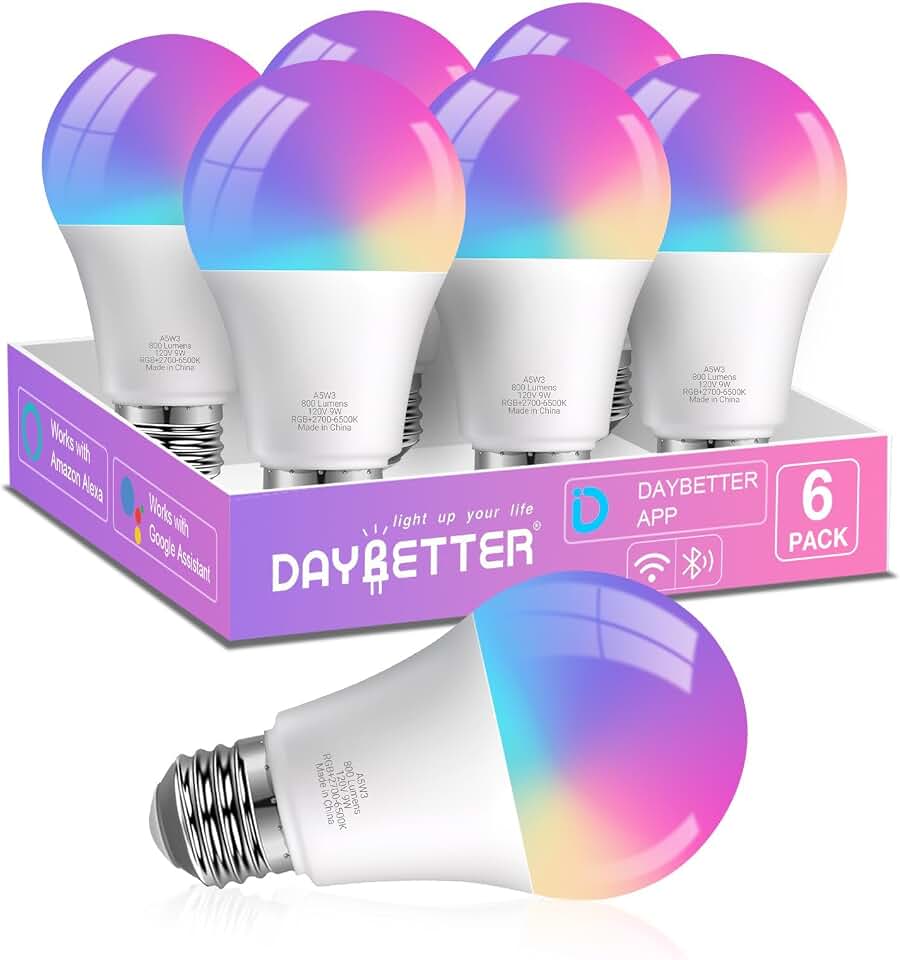 DAYBETTER A19 E26 Smart Light Bulbs,Compatible with Alexa &amp; Google Home | DayBetter App, 6 Pack 800LM 60W Equivalent,Dimmable RGB+CCT Color Changing,2.4GHz WiFi &amp; Bluetooth,Music Sync,Preset Scenes ClimeCo Certified