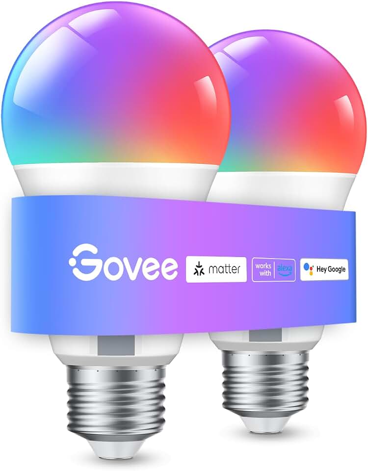 Govee Smart Light Bulbs, A19 LED Light Bulb, 800 Lumen, E26 Base | Works with Matter Alexa &amp; Google Assistant, RGBWW Color Changing Light Bulb, Music Sync, WiFi &amp; Bluetooth Connection, 2 Pack
