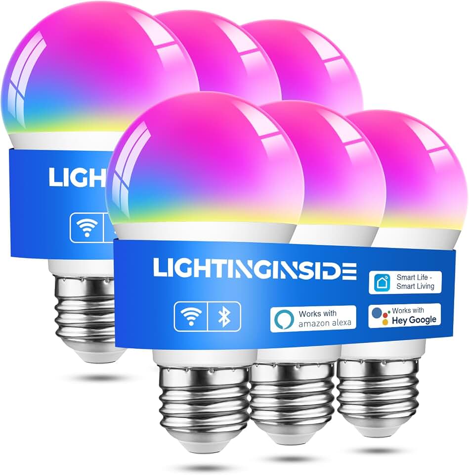 Lightinginside Smart Light Bulbs Work with Alexa/Google Home/SmartLife 6PCS | CRI>90, No Hub Required, 60W RGBCW Color Changing Light Bulbs, 800LM 9W Smart Bulb, 2.4G WiFi &amp; BLE A19 E26 Bulb, ETL Listed