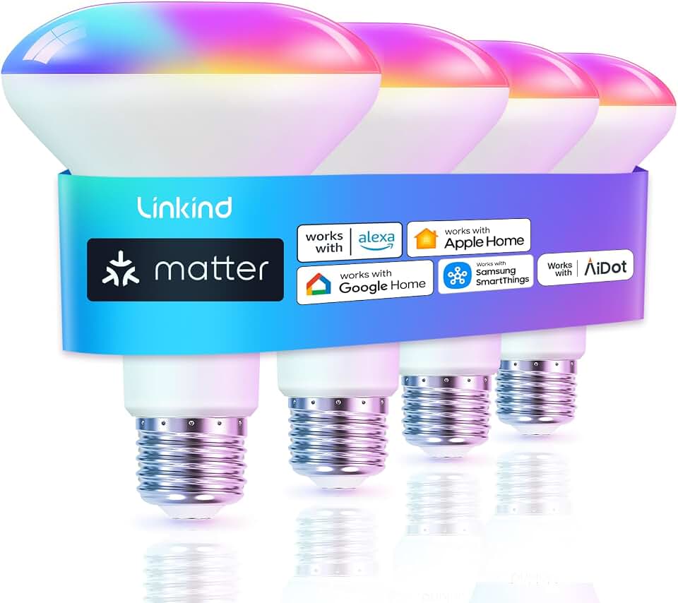 Linkind Matter BR30 Smart Light Bulbs, Alexa/Apple/Google Home, 4 Pack | E26 Recessed Smart Flood Light Bulbs, Music Sync &amp; Preset Scenes, 650LM 60W RGBTW Color Changing, Tunable White(1800K-6500K) ClimeCo Certified