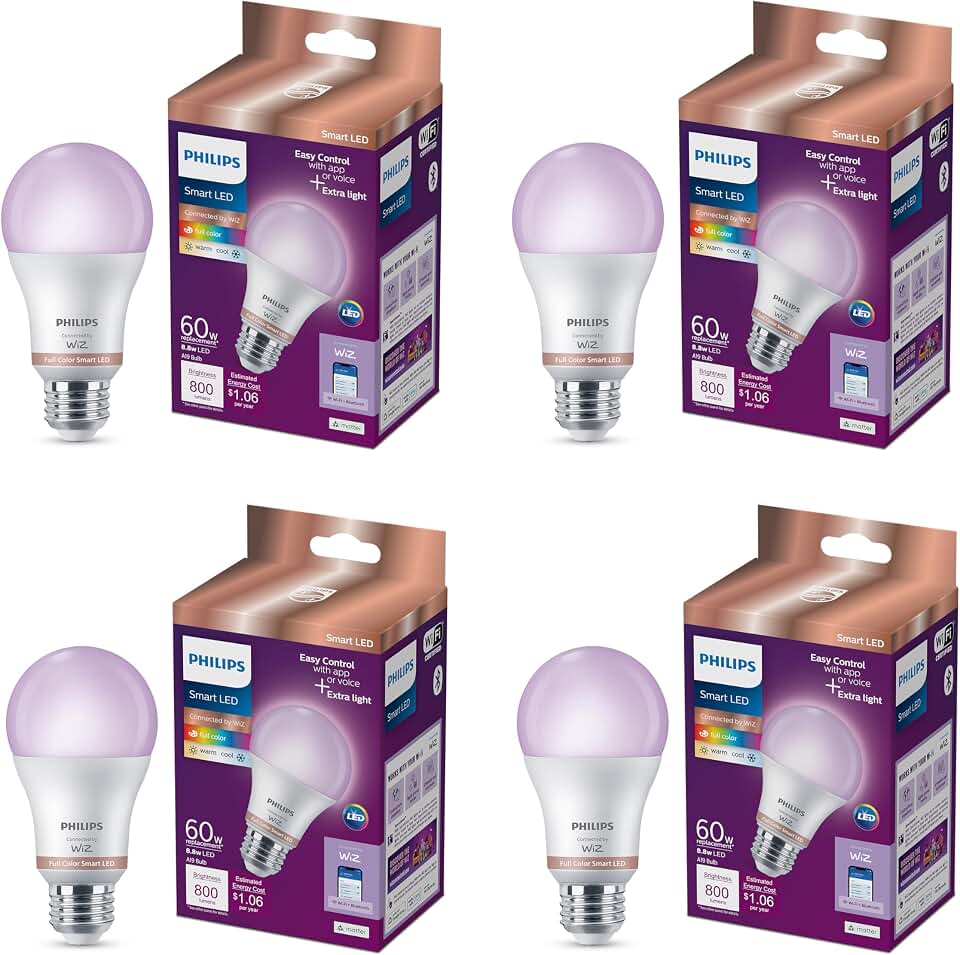 PHILIPS Smart LED Full Color Light Bulb 4-Pack, A19 60W 800LM E26 Indoor, Sunset to Sunrise Automation + Motion Detection + Control with Voice or App, Matter Compatible