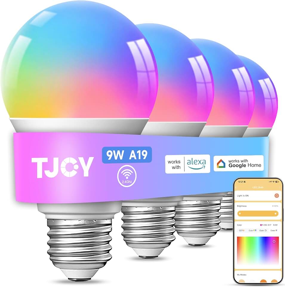 TJOY 4 Pack Smart Light Bulbs, Bluetooth WiFi Led Bulb Work with Alexa &amp;Google Assistant, RGB Color Changing Alexa Bulbs, Music Sync, 2700K-6500K, 9W(60W Equivalent), A19 E26 800LM, 2.4Ghz WiFi only ClimeCo Certified