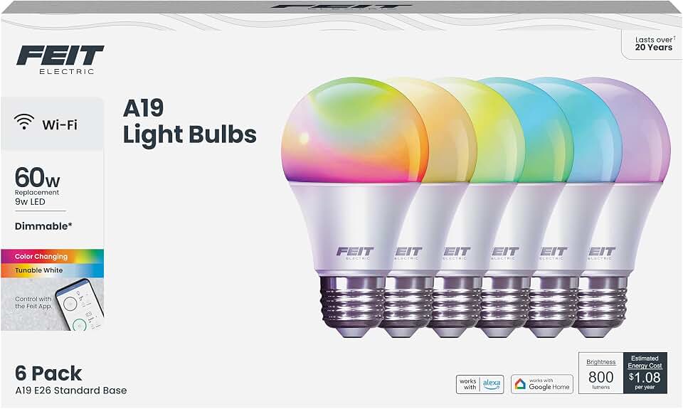 Feit Electric Smart Light Bulbs, A19 RGBW Color Changing - 60W Eq - 6 Pack | Wi-Fi 2.4GHz, Works with Alexa &amp; Google, App Dimmable, E26 800 Lumens, Tunable White 2700-6500K, CRI 90, Wifi LED Lightbulbs