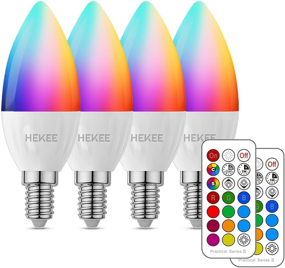 HEKEE E12 Candelabra Light Bulbs, 120V Color Changing Bulb with Remote, Plug-in Only, E12 Base, 12 RGB+2700K Warm White, 40W Equiv (5W), 450LM, Timer, 2 Modes, for Chandelier/Ceiling Fan, 4 Pack