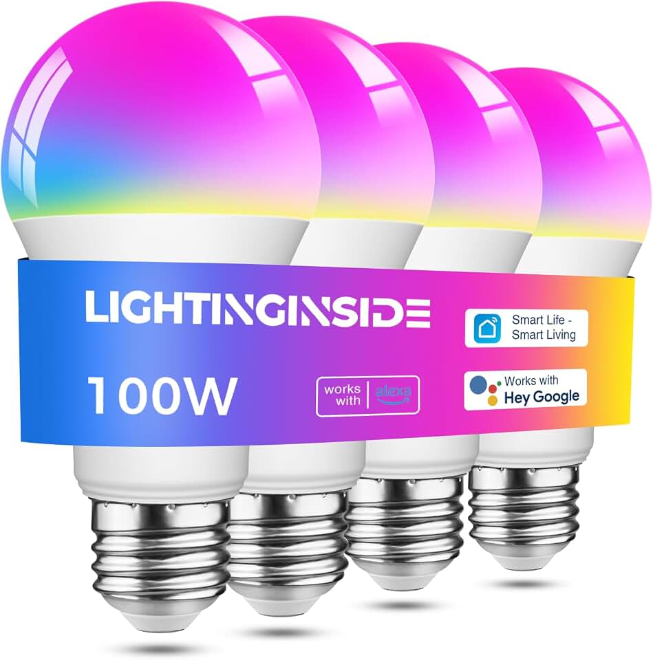Lightinginside Smart Light Bulbs 100W Work with Alexa/Google Home, 4PCS | 1350LM 11W, No Hub Required, Smart Bulb Work with SmartLife, A19 E26 RGBCW Color Changing Bulb, 2.4G WiFi &amp; BLE, ETL Listed