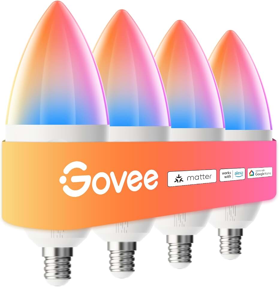 Govee E12 Led Bulb, Color Changing Candelabra Bulbs 450 LM, 80 CRI, 4 Pack | Smart Light Bulbs for Chandelier/Living Room, Work with Matter, Alexa, Google Assistant, 40 Watt Equivalent, 2.4Ghz Only ClimatePartner certified