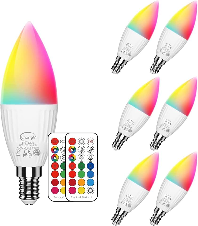 E12 LED Candelabra Light Bulbs 5W, Set of 6 Color Changing Candle Bulbs,Small Base B11 40W Incandescent Equivalent, 560 Lumen, AC120V,RGB + 2700K Warm White, 12 Colors, 2 Modes, Timer, Remote Control