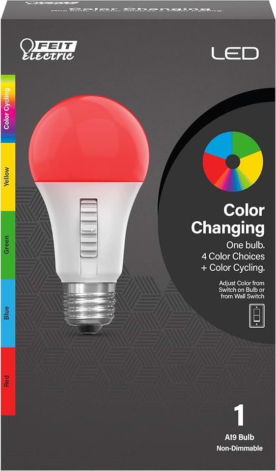 Feit Electric A19 LED Party Light Bulb, RGB Color Changing, E26 Base | Smooth Transition Mode, 15,000-Hour Lifetime, Preset Switch, Ideal for Parties, Holidays, Celebrations &amp; Decorative Lighting