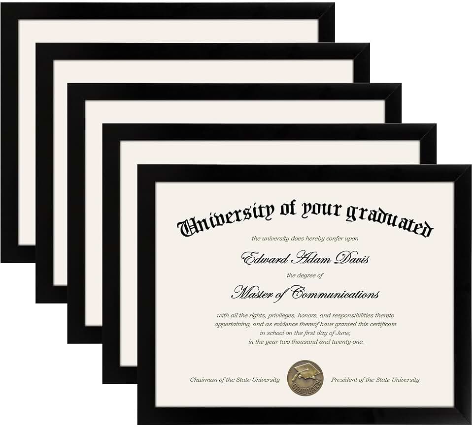 upsimples Certificate Frame, 8.5 by 11 Glass Diploma Frames, 5 Pack, Black | Displays 8.5x11 Document and Degree, Graduation Gift for Wall or Tabletop Decor, High-definition Glass ClimeCo Certified