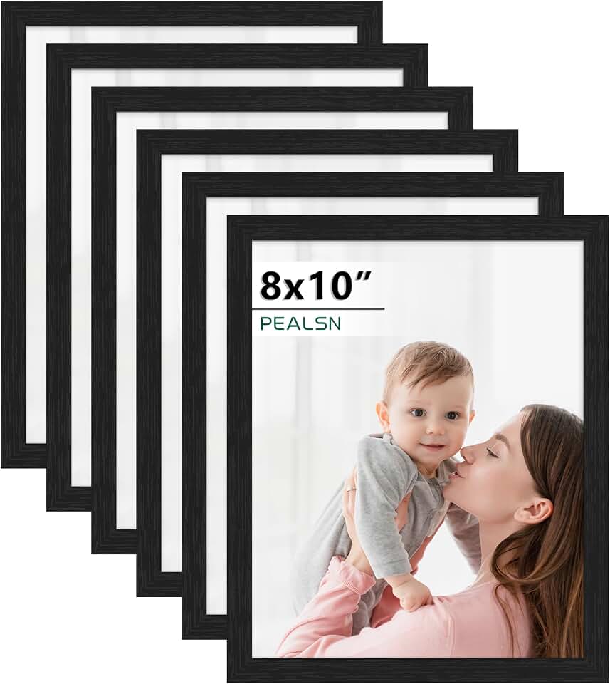 PEALSN 8x10 Picture Frame Set of 6, Wall or Tabletop, Black Woodgrain | Display 8x10 Without Mat, Horizontal or Vertical, HD Plexiglass, Gallery Wall Frame Set for Wedding &amp; Room &amp; Home Decor