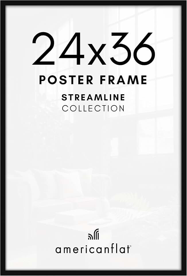 Americanflat 24x36 Poster Frame - Slim Molding - Black | Polished plexiglass front, hangs vertical or horizontal, sawtooth hangers included, secure turn-tab backing