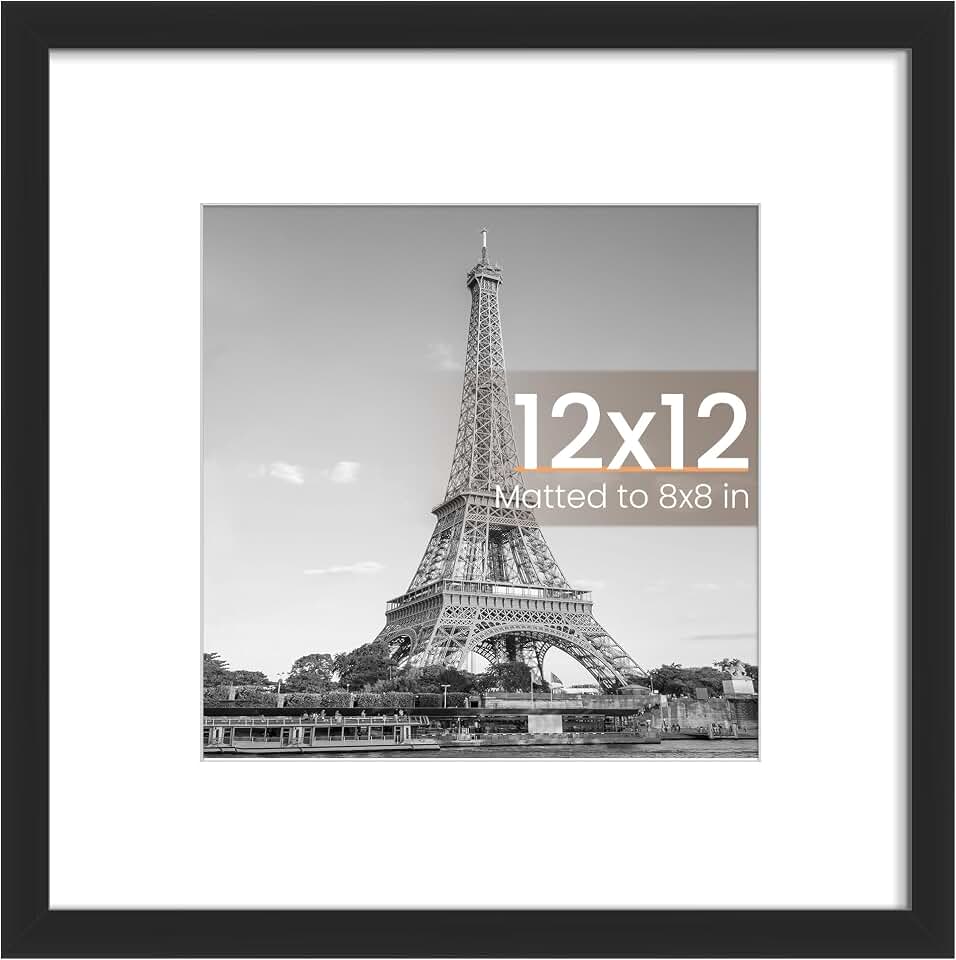 upsimples 12x12 Picture Frame, Display Pictures 8x8 with Mat or 12x12 Without Mat, Wall Hanging Photo Frame, Black, 1 Pack ClimeCo Certified