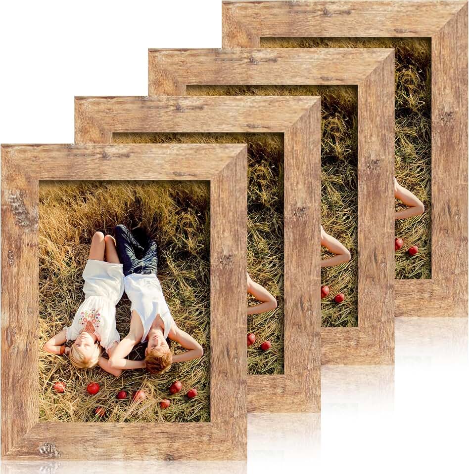 iRahmen 5x7 Picture Frame Set of 4, High Definition Real Glass Rustic Brown Frame, 5 x 7 Wood Photo Frames for Tabletop Display and Wall Mounting Global Recycled Standard
