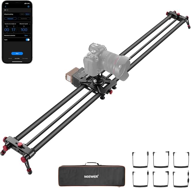 NEEWER 47.2"/120cm Motorized Camera Slider, App Wireless Control DSLR Carbon Fiber Dolly Rail Slider with 4400mAh F750 Battery (Charger Not Included), Support Video Mode, Time Lapse Photography, ER1