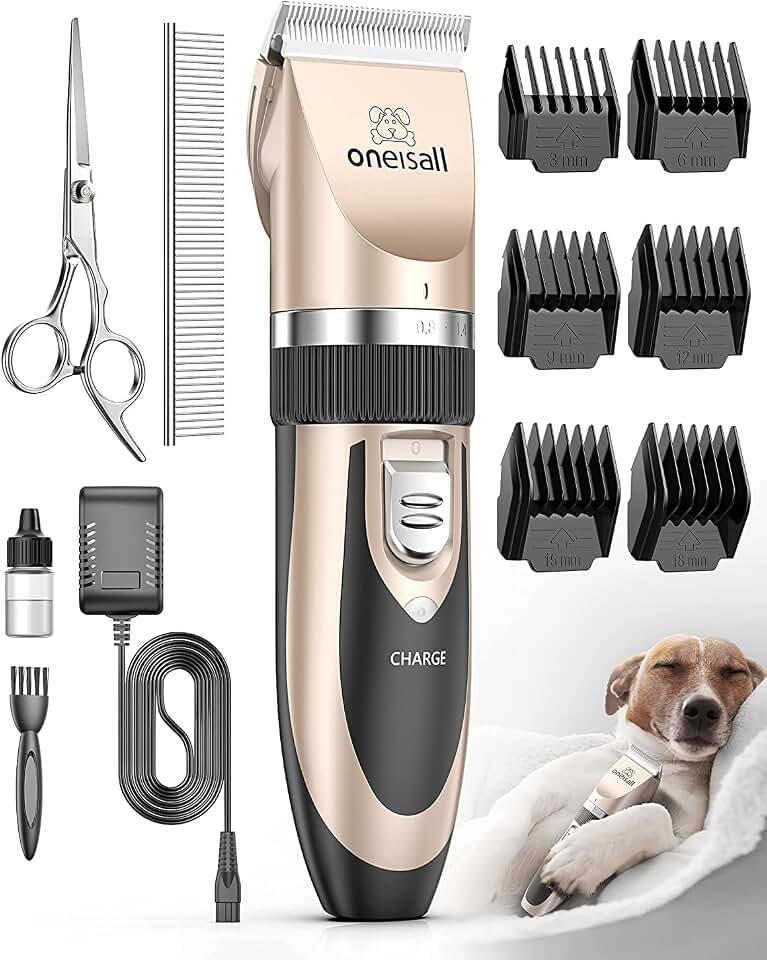 oneisall Low Noise Dog Clippers Grooming Kit for Dogs Cats Pets | Rechargeable Cordless, Long Battery Life, Simple for Beginners, 6 Guide Combs, Removable &amp; Rinsable Blade Global Recycled Standard ISCC PLUS