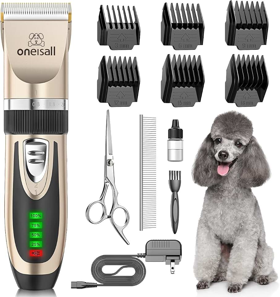 oneisall Dog Grooming Clippers with LED Display for Dogs &amp; Cats | Low Noise Quiet,2-Speed,Cordless Rechargeable,Fast Charge,Detachable,Waterproof,Battery Level Display, Model X2,Gold Global Recycled Standard ISCC PLUS
