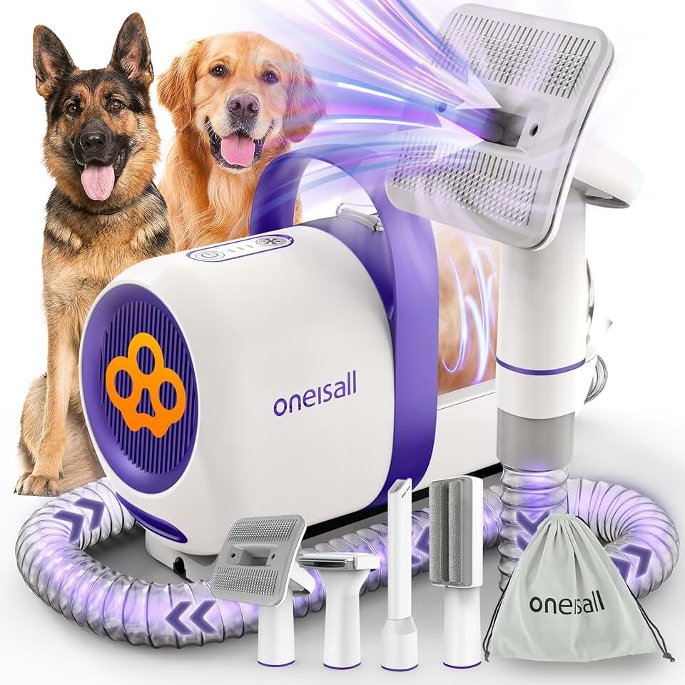 oneisall Dog Hair Vacuum Shedding Grooming Brush Kits for Pet Thick Coats | 15000Pa,3 Suction Low Noise,1.5L Dust Cup,5 in 1 Kits(Grooming/Deshedding/Cleaning Brush,Remover Roller,Crevice Tool), LM5 Global Recycled Standard ISCC PLUS