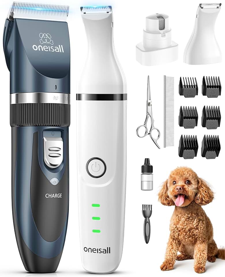 oneisall Dog Clippers and Paw Trimmer Grooming Kit | Low Noise, Powerful Motor, 3-in-1 Dog Trimmers+Nail Grinder, Long-Lasting Battery&amp;Cordless, For Small Medium Large Dogs Global Recycled Standard ISCC PLUS