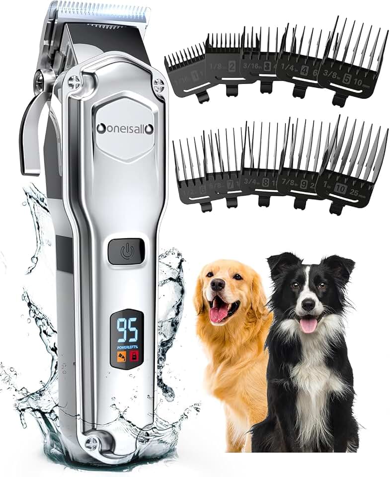oneisall Dog Clippers for Grooming Thick Heavy Coats | Low Noise,Rechargeable Cordless,Detachable Stainless Steel Blade,IPX7 Waterproof,10 Guide Combs,for Thick/Double/Curly Hair Global Recycled Standard ISCC PLUS