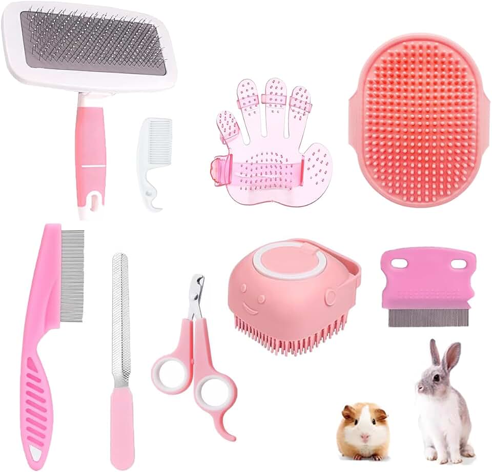 9PCS Small Animal Grooming Kit, Cleaning Brush Removes Loose Hair, Pet Bath Brush,Shampoo Brush, Nail Clipper, Flea Comb For Rabbit, Puppy, Kitten, Guinea Pig (9PCS-Pink)