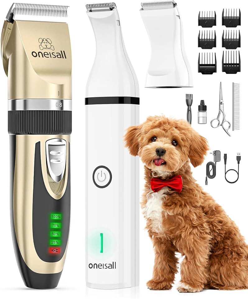 oneisall Dog Clippers and Paw Trimmer Kit for Small Large Dogs Cats | Low Noise, Powerful Motor, Cordless &amp; Long Battery Life, Simple for Beginners, 6 Guide Combs, Removable &amp; Rinsable Blade Global Recycled Standard ISCC PLUS