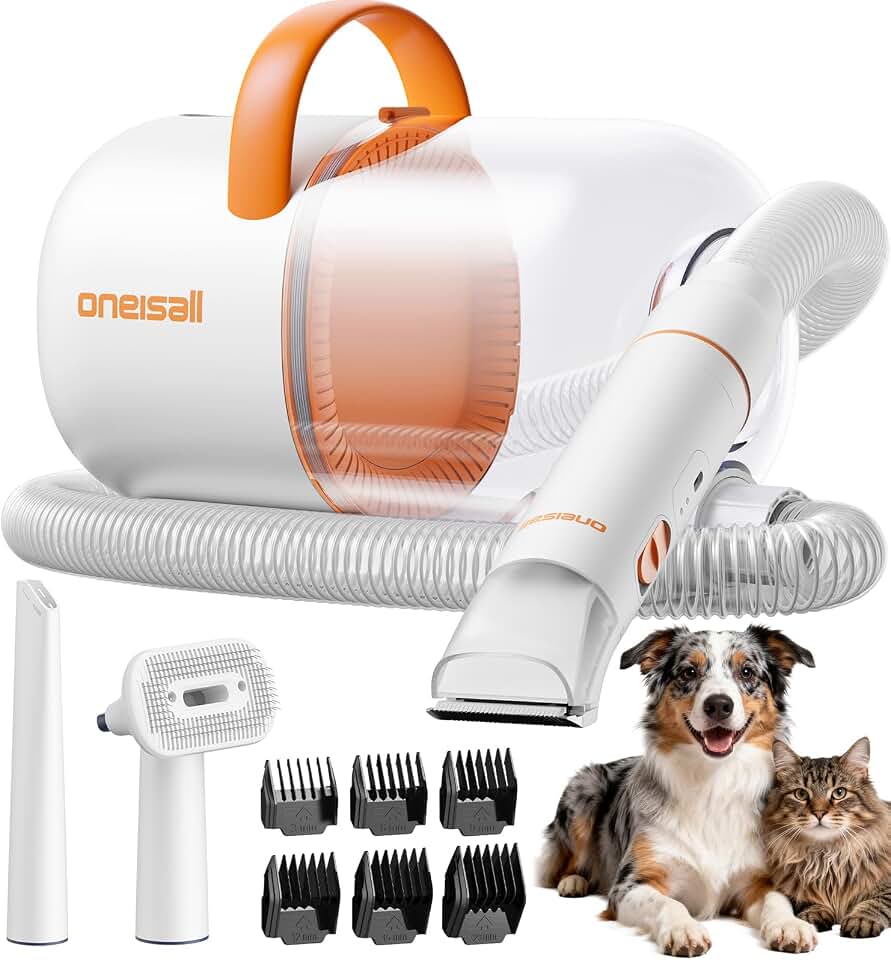 oneisall Dog Grooming Vacuum - 15000Pa Suction, Captures 99% Pet Hair to Reduce Shedding, Dog Grooming Clippers &amp; Quiet Brush (≤59dB) with 4 Accessories, 2L Dust Canister for Home Cleaning（Orange） Global Recycled Standard ISCC PLUS