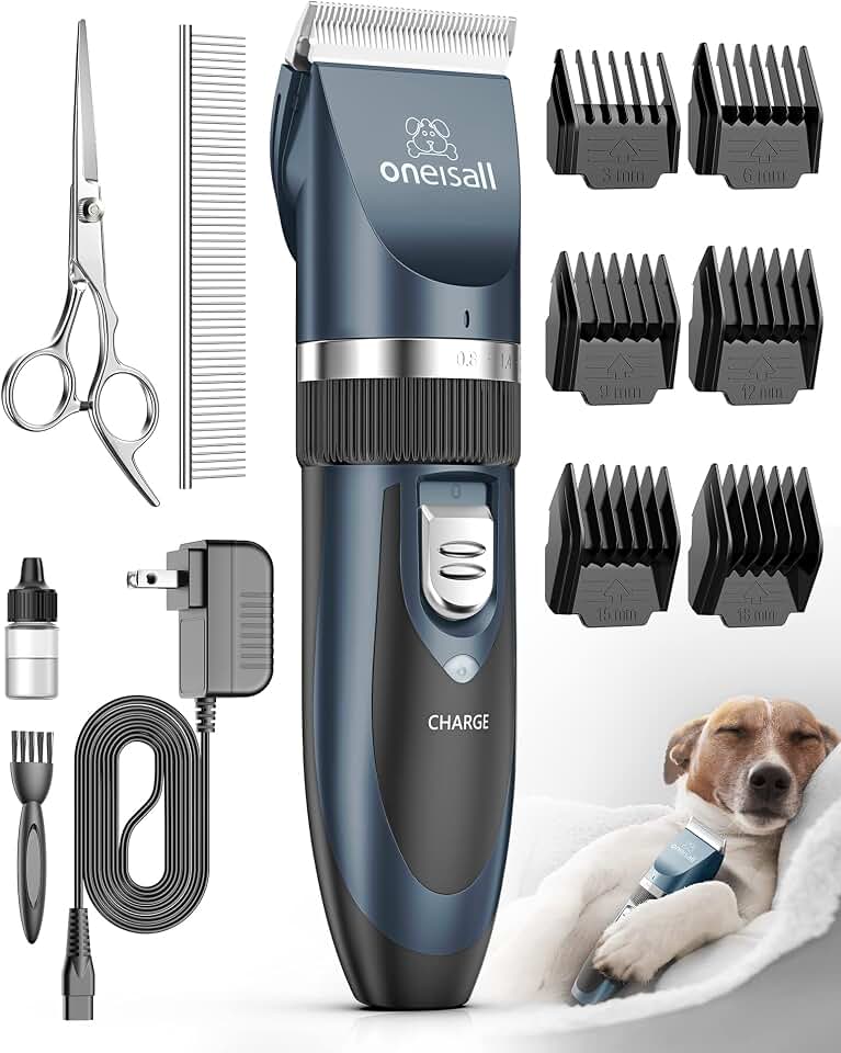 oneisall Dog Clippers Low Noise Grooming Kit for Dogs Cats Pets | Cordless &amp; Long Battery Life, Simple for Beginners, 6 Guide Combs, Removable &amp; Rinsable Blade Global Recycled Standard ISCC PLUS