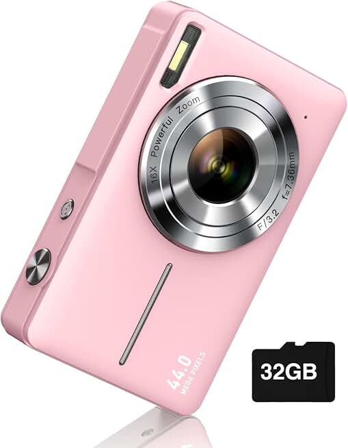 Camkory Digital Camera FHD 1080P with 32G Card 16X Zoom Easy for Kids Pink | Compact camera with anti-shake, Includes 2 batteries &amp; charger. Perfect for parties, trips, birthdays gift from parents.