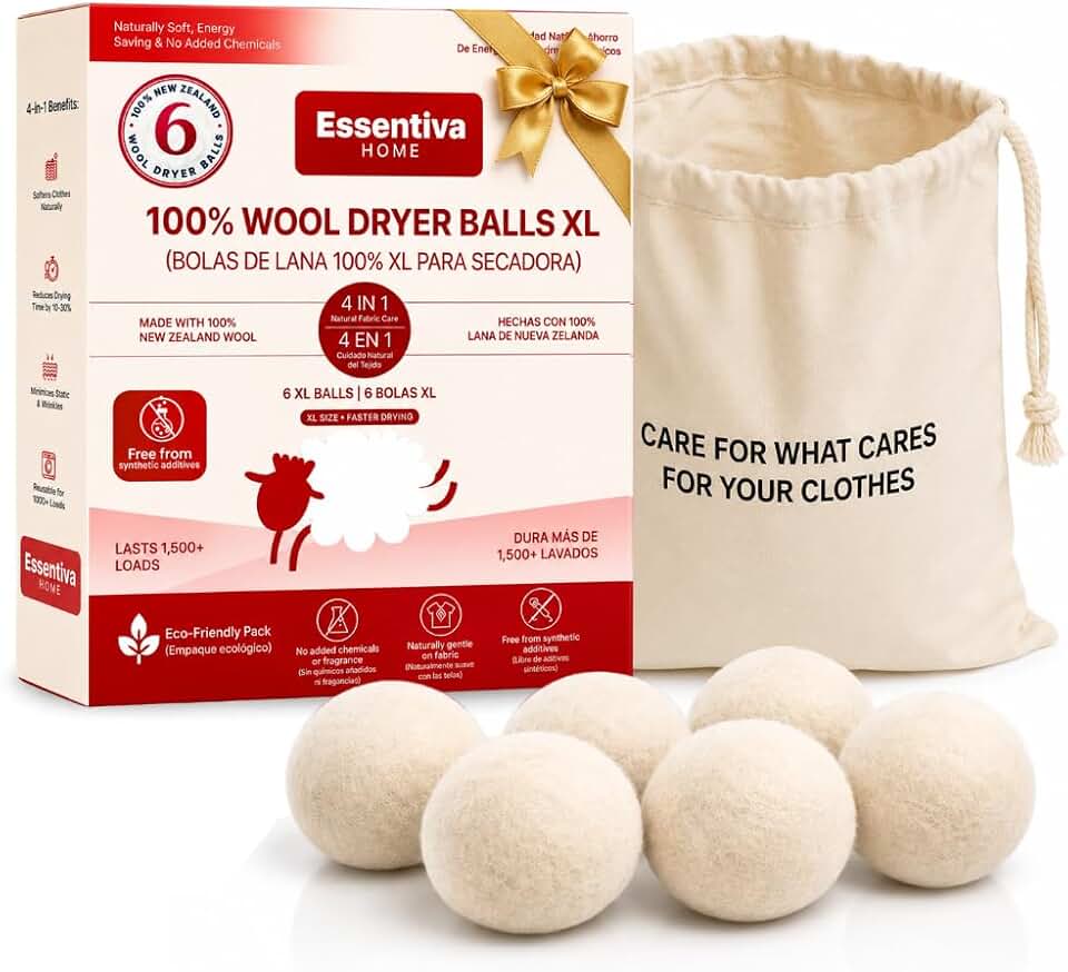 Wool Dryer Balls XL 6 Balls in 1 Pack Reusable | Non Toxic | Anti Static | 100% New Zealand wool laundry balls, Organic &amp; hypoallergenic, Add essential oils for scent, removes pet hair, safe for baby