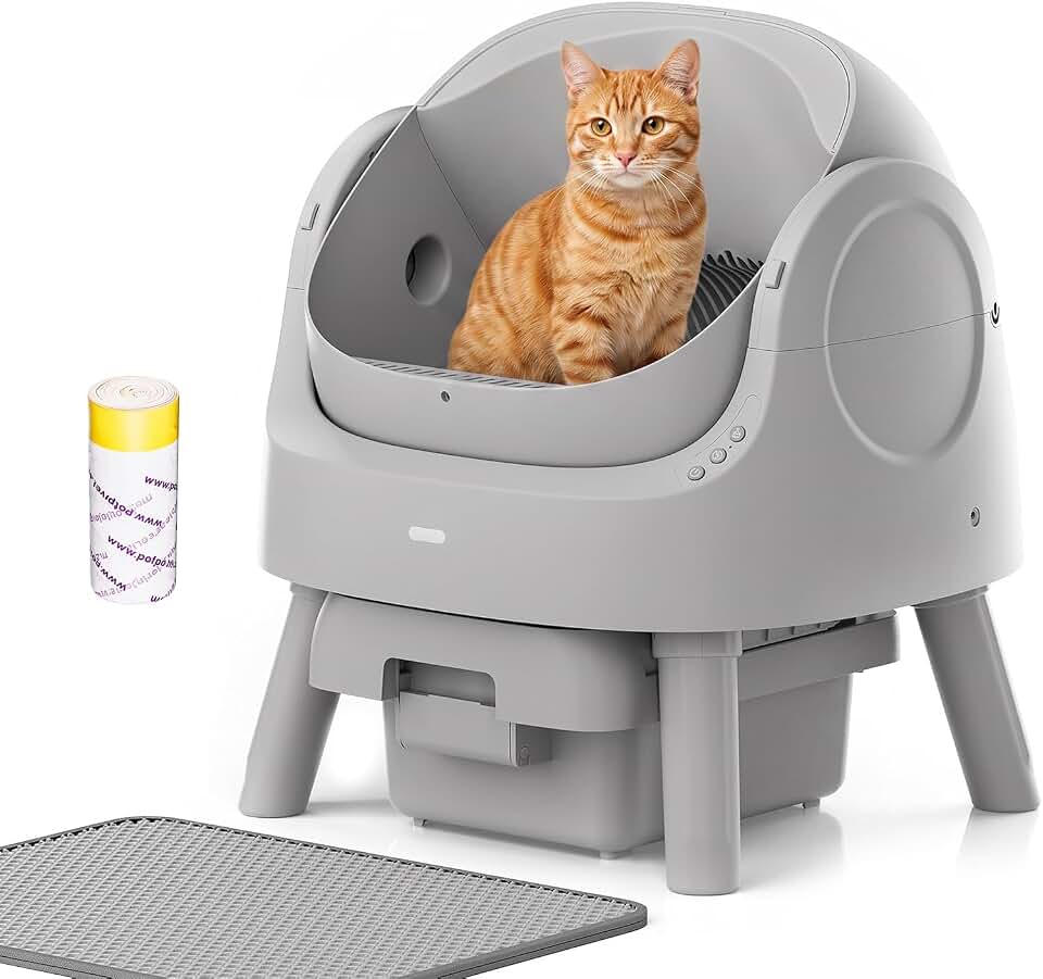 Mimfam Automatic Self Cleaning Litter Box, with 4 Pairs Infrared Senor, Open-Top Design for Multi-Cat Homes, Comes with Liner Bags and Cat Litter Mat, Grey Global Recycled Standard